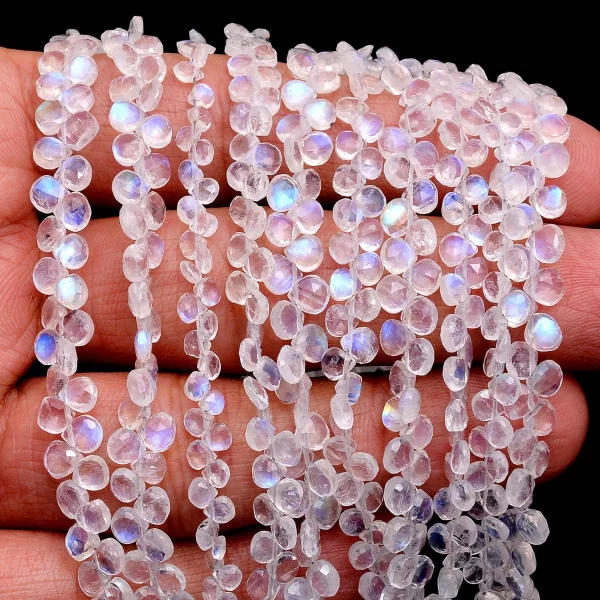 Rainbow Moonstone Gemstone Heart Briolette | 8inch Strand 4mm Faceted Beads | Natural Blue Fire Moonstone Semi Precious Gemstone Briolettes - Image 2
