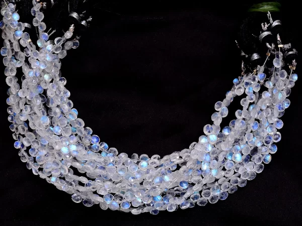 Rainbow Moonstone Gemstone Heart Briolette | 8inch Strand 4mm Faceted Beads | Natural Blue Fire Moonstone Semi Precious Gemstone Briolettes