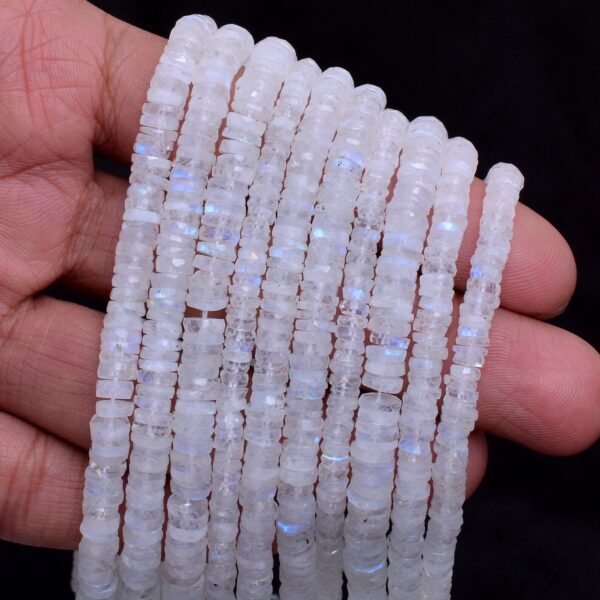 Rainbow Moonstone 5mm-6mm Heishi Faceted Beads | Gemstone Tyre Rondelle 13" Strand | Natural Blue Fire White Rainbow Moonstone Spacer Beads - Image 4