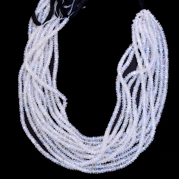 White Rainbow Moonstone Gemstone 3mm-4mm Rondelle Faceted Beads | 13inch Strand | Blue Fire Rainbow Moonstone Semi Precious Gemstone Beads