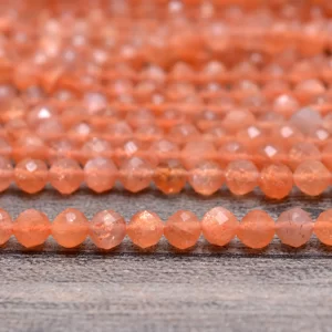 Sunstone Gemstone 3mm-4mm Round Faceted Beads | 13" Strand | Natural Fiery Orange Sunstone Semi Precious Gemstone Faceted Beads for Jewelry