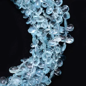 AAA+ Natural Aquamarine 7x5mm Pear Briolette Faceted Beads | Blue Aquamarine Loose Semi Precious Gemstone Briolette Beads | 8inch Strand