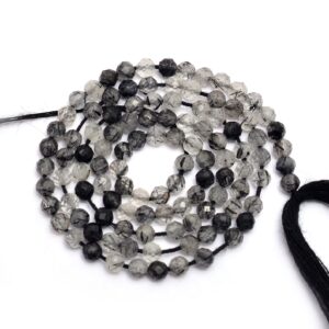 Natural AAA+ Black Rutilated Quartz 3mm-4mm Faceted Beads | 13" Strand | Black Rutile Semi Precious Gemstone Round Loose Beads for Jewelry