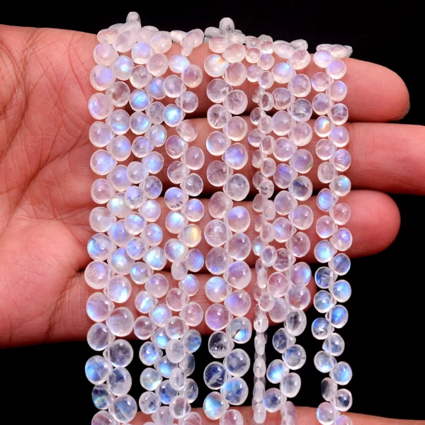 Rare AAA+ White Rainbow Moonstone 4mm-6mm Smooth Heart Briolette | 8inch Strand | Natural Blue Fire Moonstone Semi Precious Gemstone Beads - Image 2