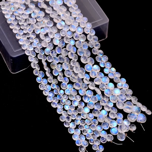 Rare AAA+ White Rainbow Moonstone 4mm-6mm Smooth Heart Briolette | 8inch Strand | Natural Blue Fire Moonstone Semi Precious Gemstone Beads - Image 4
