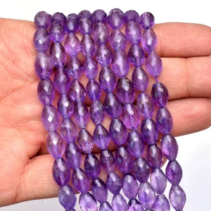 Natural Amethyst 8x12mm Rice Tube Faceted Beads | Gemstone Rice Beads 7inch Strand | Amethyst Semi Precious Gemstone Briolette Loose Beads