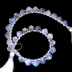 AAA+ Blue Fire Moonstone 7mm-8mm Square Briolette Faceted Beads | 7inch Strand | White Rainbow Moonstone Semi Precious Gemstone Loose Beads