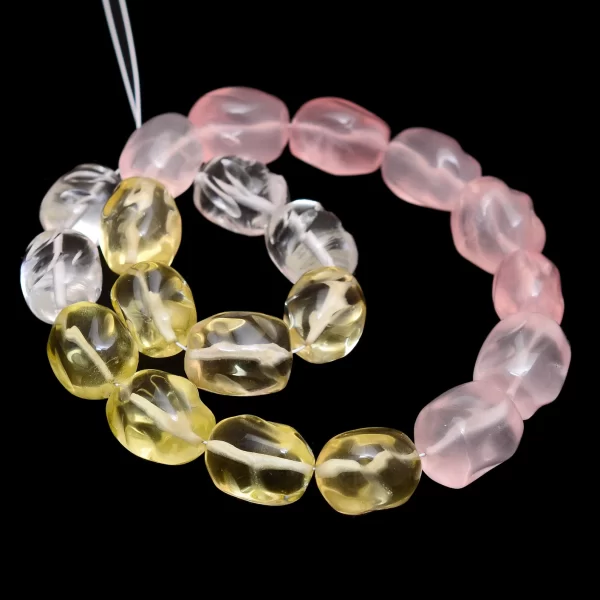 AAA+ Multi Quartz 12mm-14mm Smooth Carving Fancy Nuggets | Natural Crystal / Lemon / Rose Quartz Gemstone Tumbled Loose Beads | 10" Strand - Image 4
