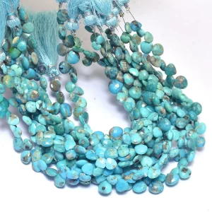 Natural Turquoise Gemstone 6mm-7mm Heart Briolette Faceted Beads | Genuine Arizona Turquoise Semi Precious Gemstone Briolette | 8" Strand